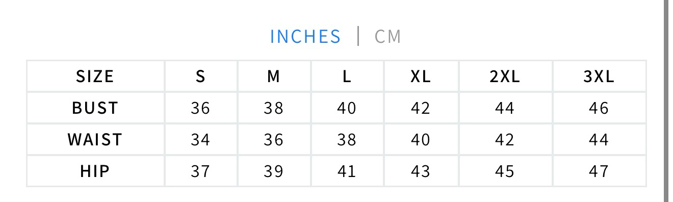 HUES size chart with bust, waist and hip measurements